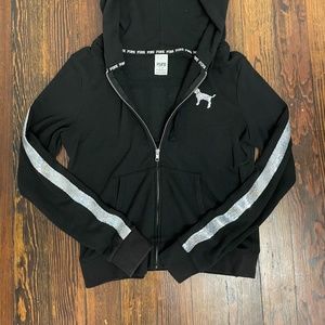 Pink Victoria Secret Hoodie Womens Medium Black Sequin Full Zip